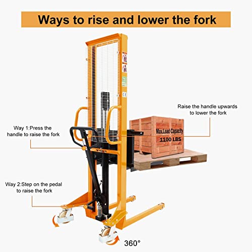 POLLOLIFT Manual Forklift Stacker 1100lbs Capacity 63" Lift Height Adjustable Fork