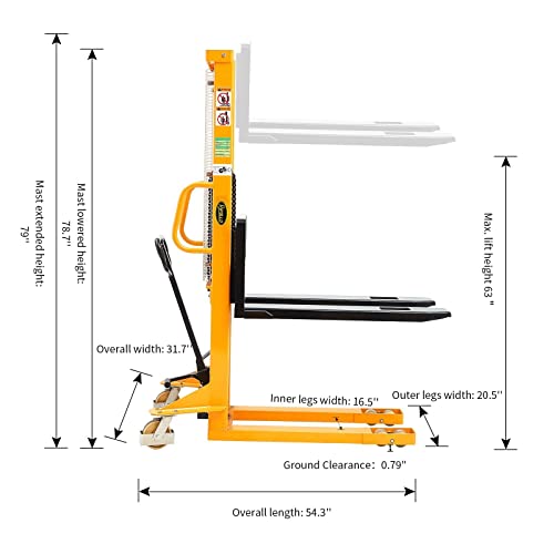 POLLOLIFT Manual Forklift Stacker 1100lbs Capacity 63" Lift Height Adjustable Fork