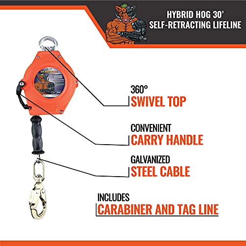 Malta Dynamics Hybrid Hog Series Self Retracting Lifeline 30' Class A & B, Quick-Action Braking System, YoYo Cable, Fall Protection Retractable Safety Lanyard - OSHA/ANSI Compliant