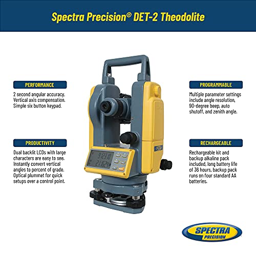 Spectra Precision DET-2 Digital Electronic Theodolite, Construction Surveying Equipment Set, Rechargeable and Alkaline Batteries, Carry Case