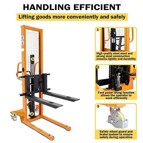 POLLOLIFT Manual Forklift Stacker 1100lbs Capacity 63" Lift Height Adjustable Fork